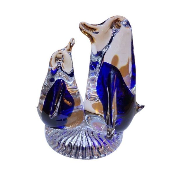 Handcrafted Murano Style Cobalt Mama and Baby Penguins - Picture 2 of 9